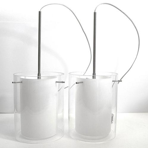 Hanglampen - design - wit glas met rvs - 2 stuks, Huis en Inrichting, Lampen | Hanglampen, Zo goed als nieuw, Minder dan 50 cm