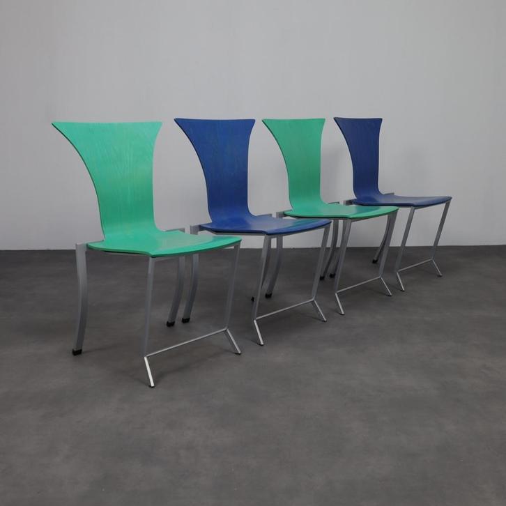SALE: KFF Set of 4 Postmodern Dining Chairs, 1990s, Huis en Inrichting, Stoelen, Gebruikt, Vier, Hout, Metaal, Ophalen