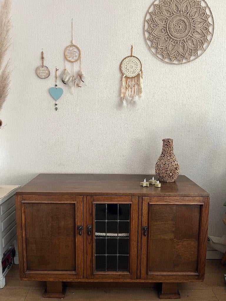 kastje glas in lood raam dressoir kast deurtjes en planken, Antiek en Kunst, Curiosa en Brocante, Ophalen