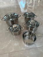 Pannenset Swiss Pro - 5-delig RVS met glazen deksels, Huis en Inrichting, Keuken | Potten en Pannen, Gebruikt, Inductieplaat, Pannenset