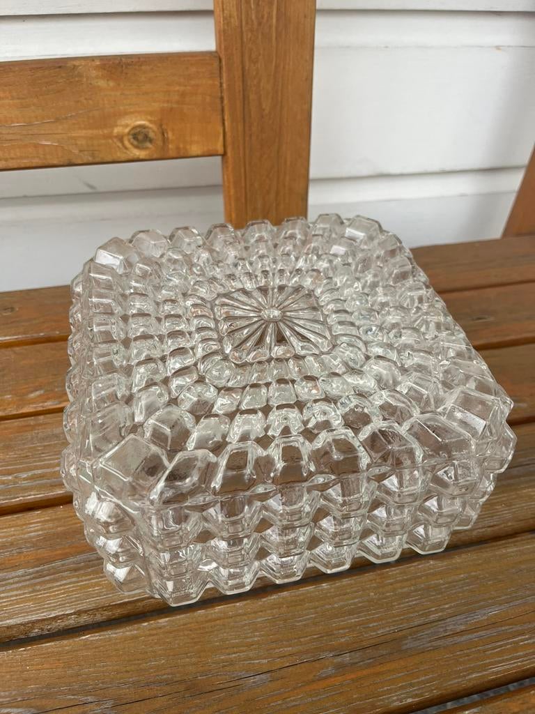 Vintage plafondlamp vierkant - glazen plaffoniere kap, Ophalen of Verzenden