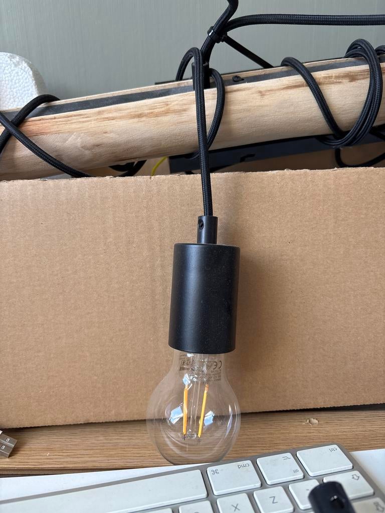 Houten hanglamp met 5 LED filament lampen, Ophalen, Zo goed als nieuw, Hout, 50 tot 75 cm