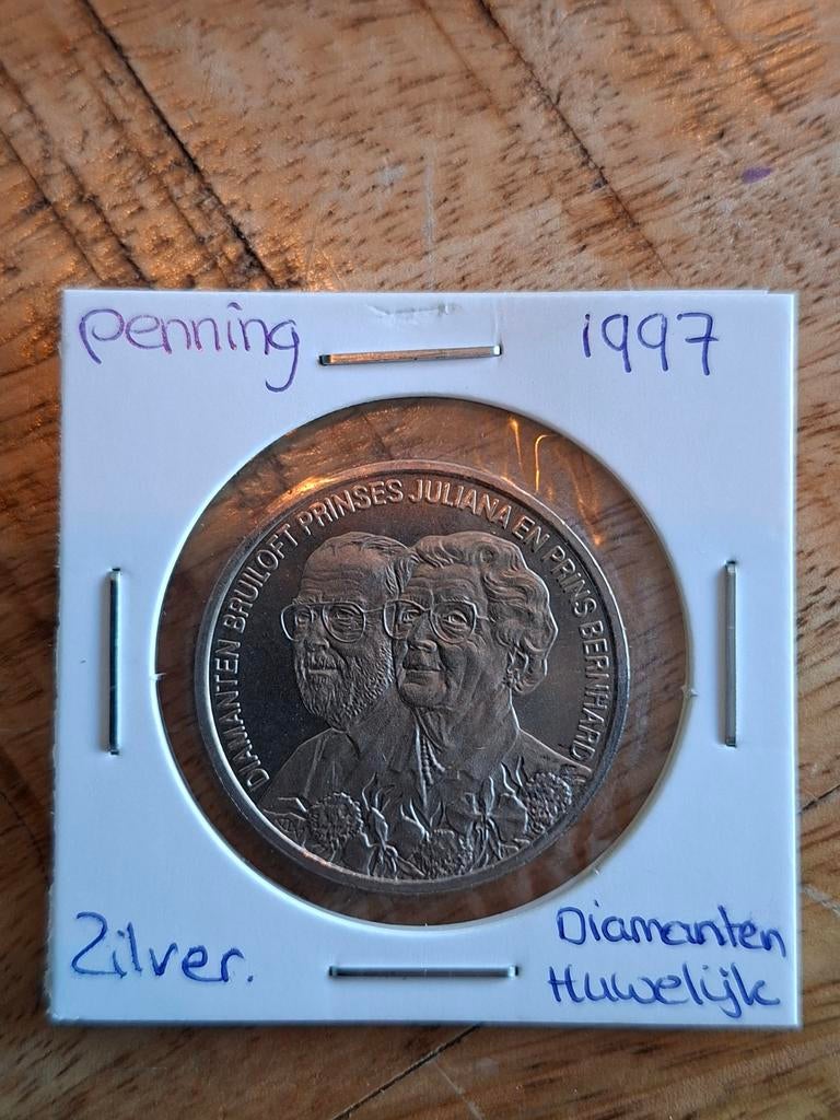 Mooie penning diamanten huwelijk zilver, Postzegels en Munten, Ophalen of Verzenden, Zilver