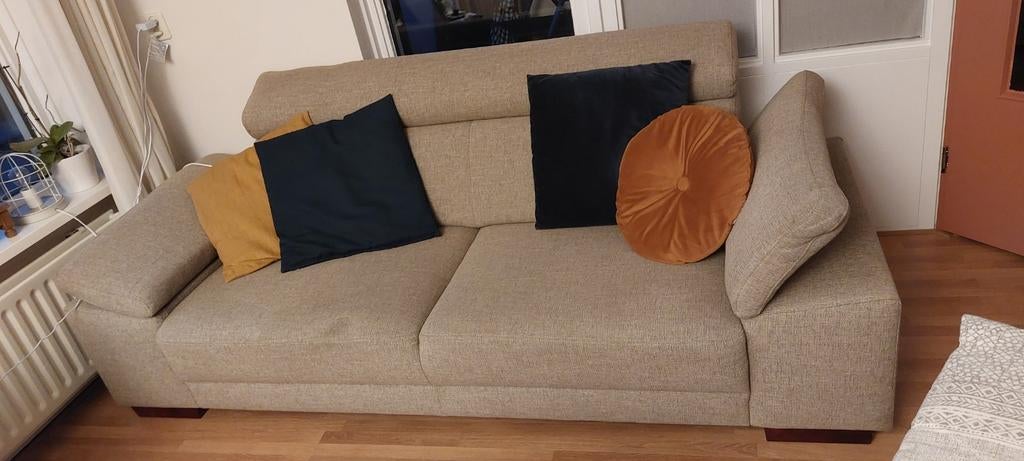 Comfortabele 2-zits zitbank - Beige stof, Ophalen, Gebruikt, Minder dan 75 cm, Tweepersoons