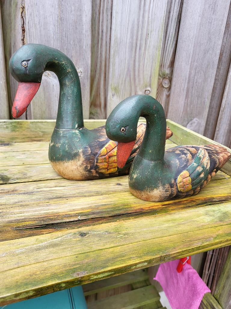 2 mooie houten eenden voor binnen of buiten, Antiek en Kunst, Curiosa en Brocante, Ophalen of Verzenden