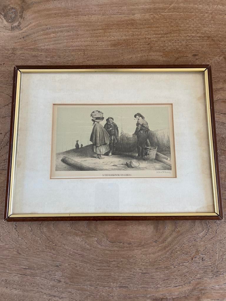 Antieke prent 'Scheveningsche Visschers' - K.St.v.C.W.Miehn, Antiek en Kunst, Kunst | Etsen en Gravures, 1800 - 1899, Overige technieken