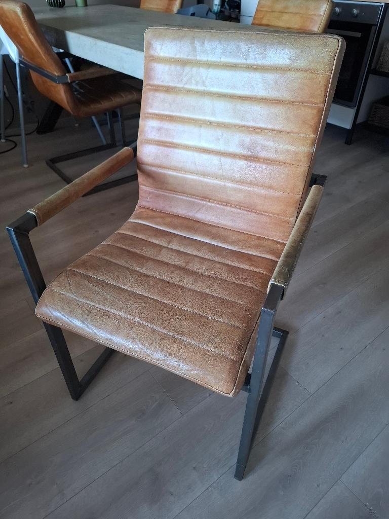 Bruine leren eetkamerstoelen (4 stuks), Huis en Inrichting, Ophalen, Gebruikt, Bruin, Vier
