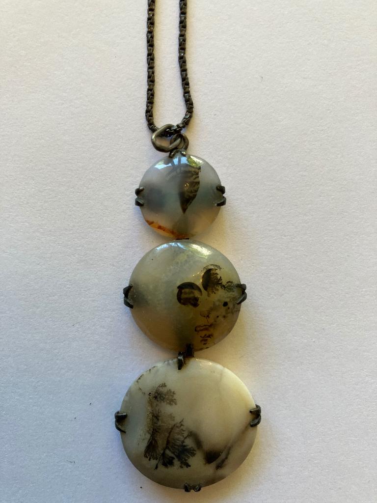 3 mos-agaten in zilveren hanger, Ophalen of Verzenden, Gebruikt, Zilver, Zilver