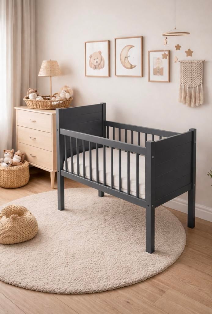 Stijlvol donkergrijs unisex babybedje met matras, Kinderen en Baby's, Babywiegjes en Ledikanten, Ophalen, Gebruikt, Ledikant