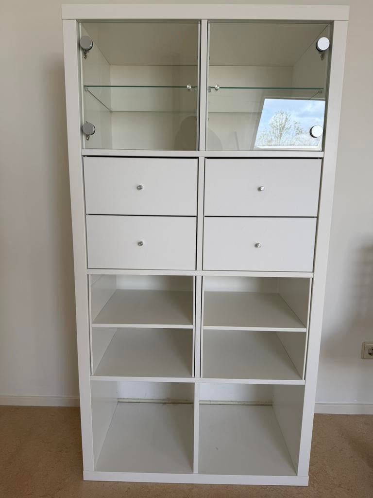 Ikea kallax kasten met lades en vitrines, Huis en Inrichting, Kasten | Vitrinekasten, Ophalen, Met deur(en), Glas, 100 tot 150 cm