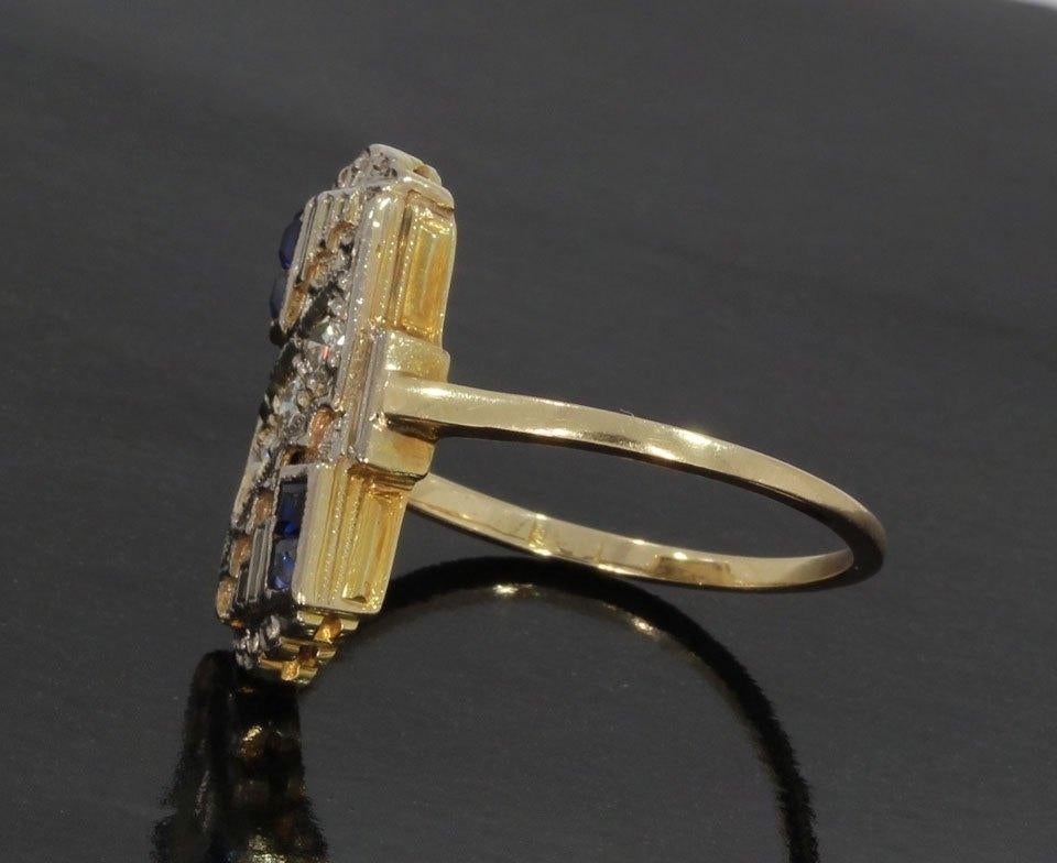 Diamant blauwe saffier 14k gouden art deco ring dames antiek, Verzenden, Goud, Ring, Met edelsteen