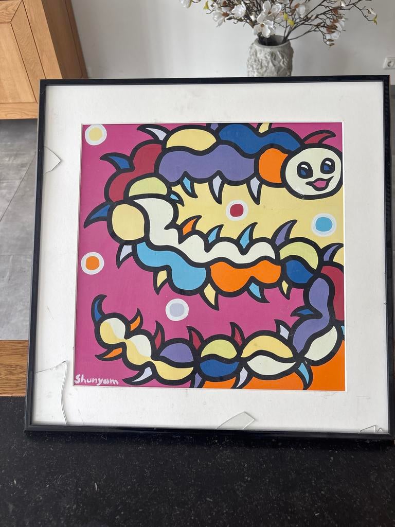 Kleurrijk schilderij van rups, gesigneerd Shunyam, Ophalen of Verzenden