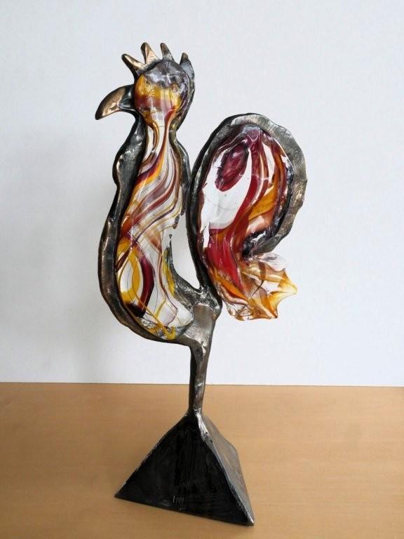 sculptuur brons en glas, Antiek en Kunst, Kunst | Beelden en Houtsnijwerken, Beeld, Brons, Vogel, 20 - 50 cm, Europa, Modern, Meerkleurig
