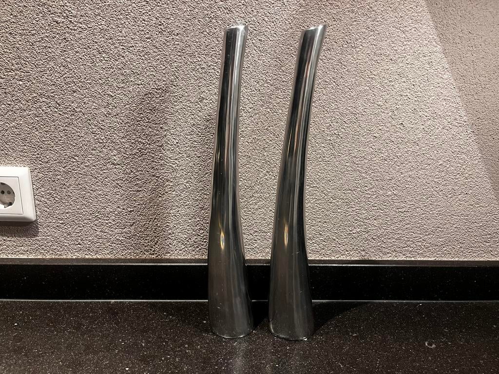 2 decoratieve lange vazen 39cm hoog zilver kleur, Huis en Inrichting, Woonaccessoires | Vazen, Overige materialen, Overige kleuren