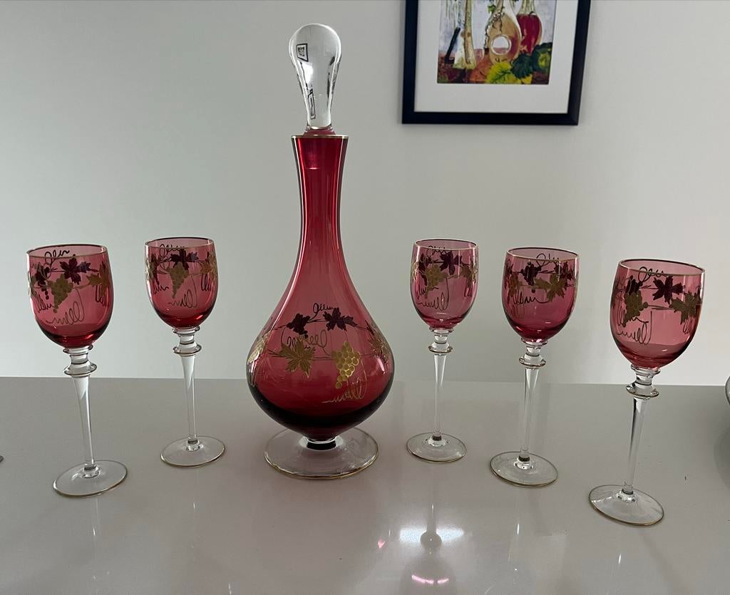 Murano Glazen Karaffenset met 5 Glazen - Wijnrank Decor, Ophalen