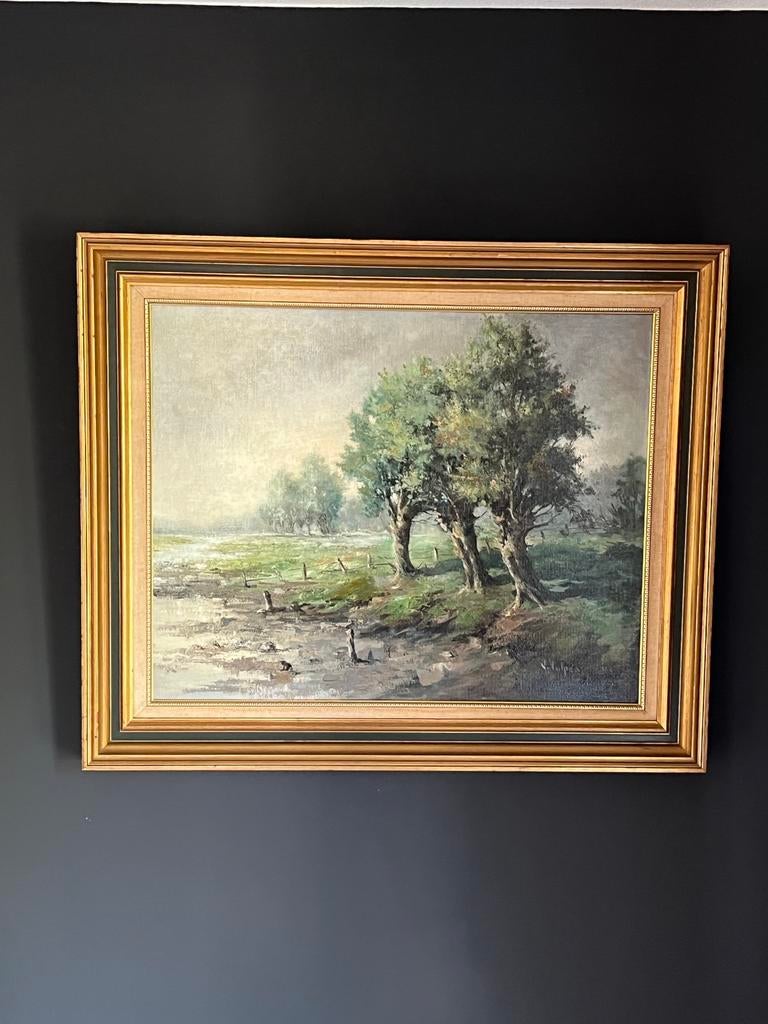Polderlandschap door V. Vulpen - Zuid Holland jaren '70, Antiek en Kunst, Kunst | Schilderijen | Klassiek, Ophalen of Verzenden