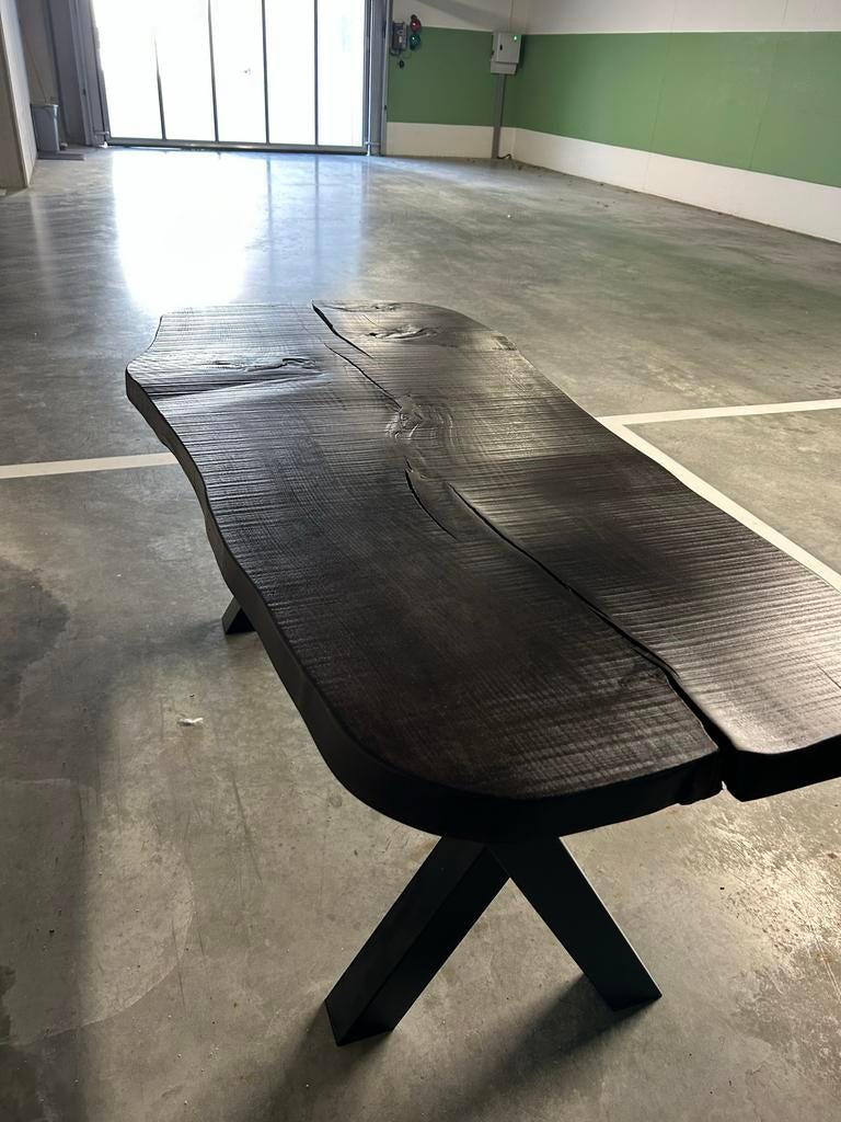 Eikenhouten eettafel - 170x80x78cm, Huis en Inrichting, Tafels | Eettafels, Ophalen, Gebruikt, Walnoot met zwarte stalen poten