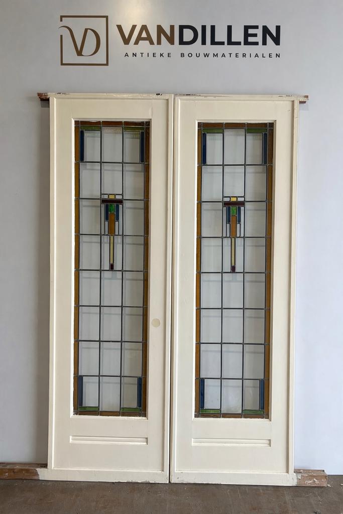 Antieke art deco ensuite schuifdeuren glas in lood, Doe-het-zelf en Verbouw, Deuren en Horren, 120 cm of meer, Binnendeur, Ophalen of Verzenden