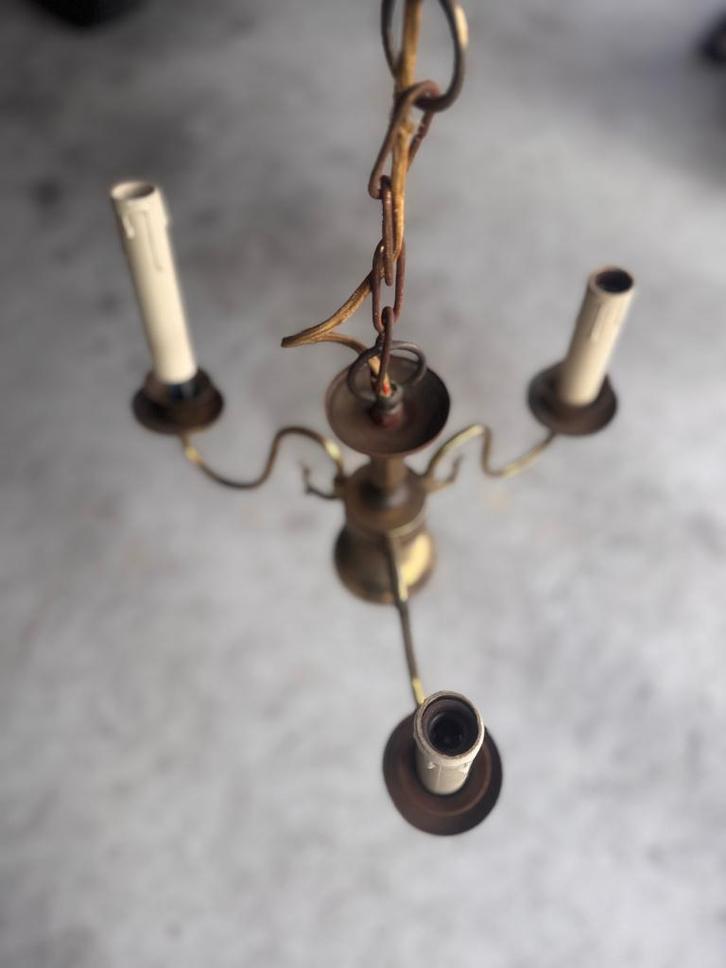 Antieke messing 3-arms kroonluchter – kaarslamp stijl, Huis en Inrichting, Lampen | Kroonluchters, Gebruikt, Metaal, Ophalen of Verzenden