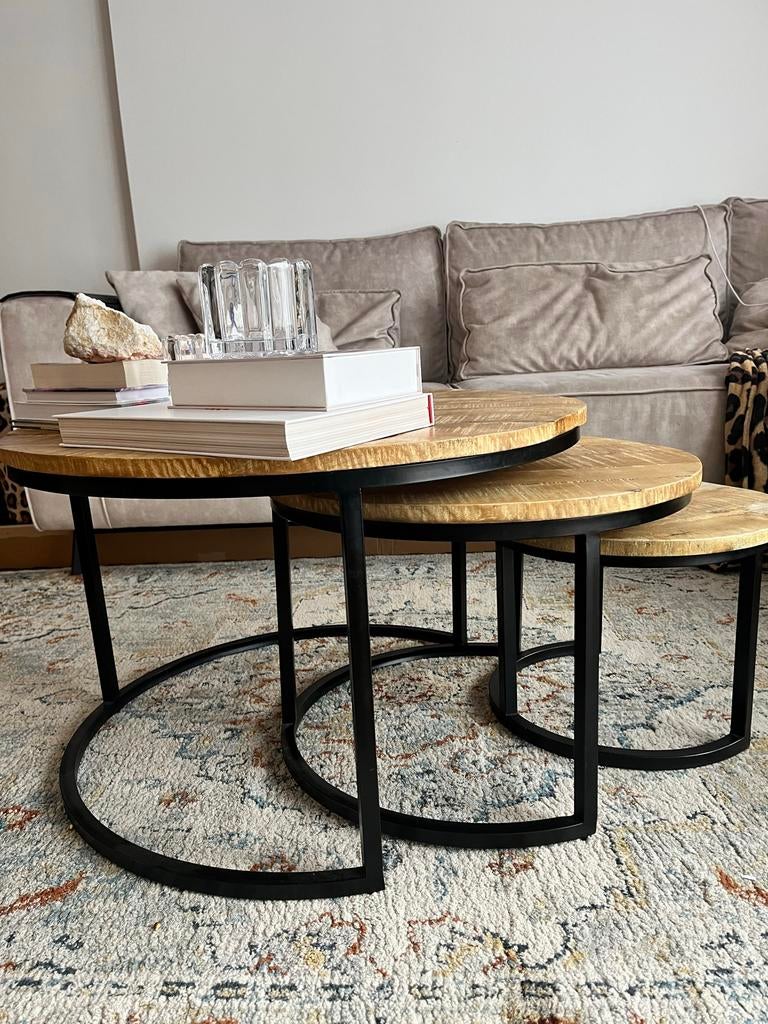 Set van 3 ronde salontafels - Hout en Metaal, Huis en Inrichting, Tafels | Salontafels, Gebruikt, Rond, Minder dan 50 cm, Overige houtsoorten