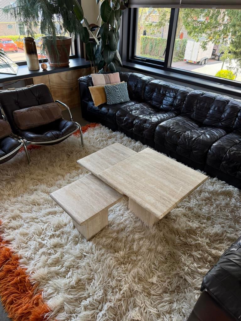 Set van 3 travertin nestling tafels., Huis en Inrichting, Tafels | Salontafels, Ophalen, Gebruikt, 50 tot 100 cm, Minder dan 50 cm