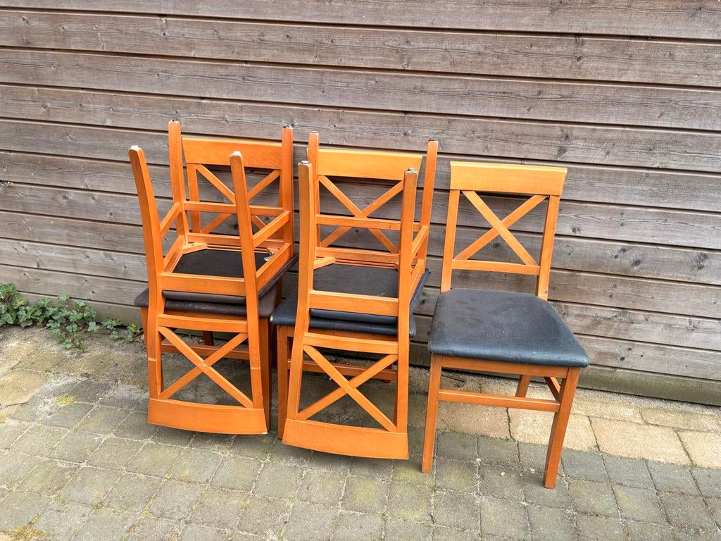 Set van 4 houten stoelen met stoffen zitting, Ophalen, Gebruikt, Bruin, Vier