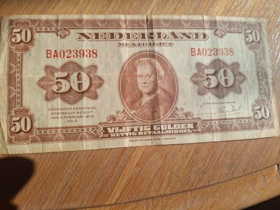 Nederlands 50 Gulden Muntbiljet 1943, Ophalen, 50 gulden, Los biljet