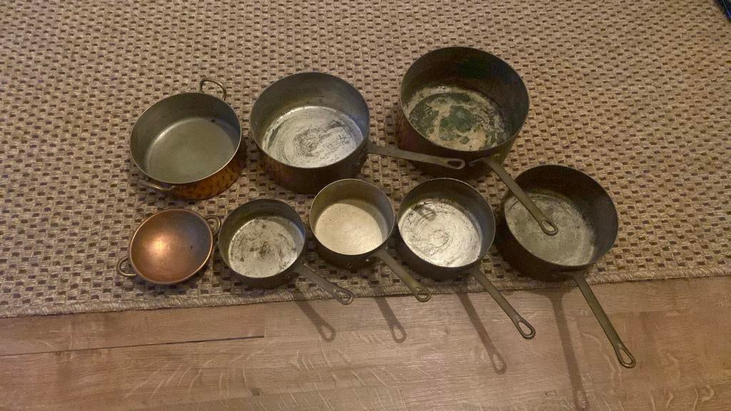 Setje koperen pannen, Huis en Inrichting, Keuken | Potten en Pannen, Ophalen, Zo goed als nieuw, Overige materialen, Pannenset