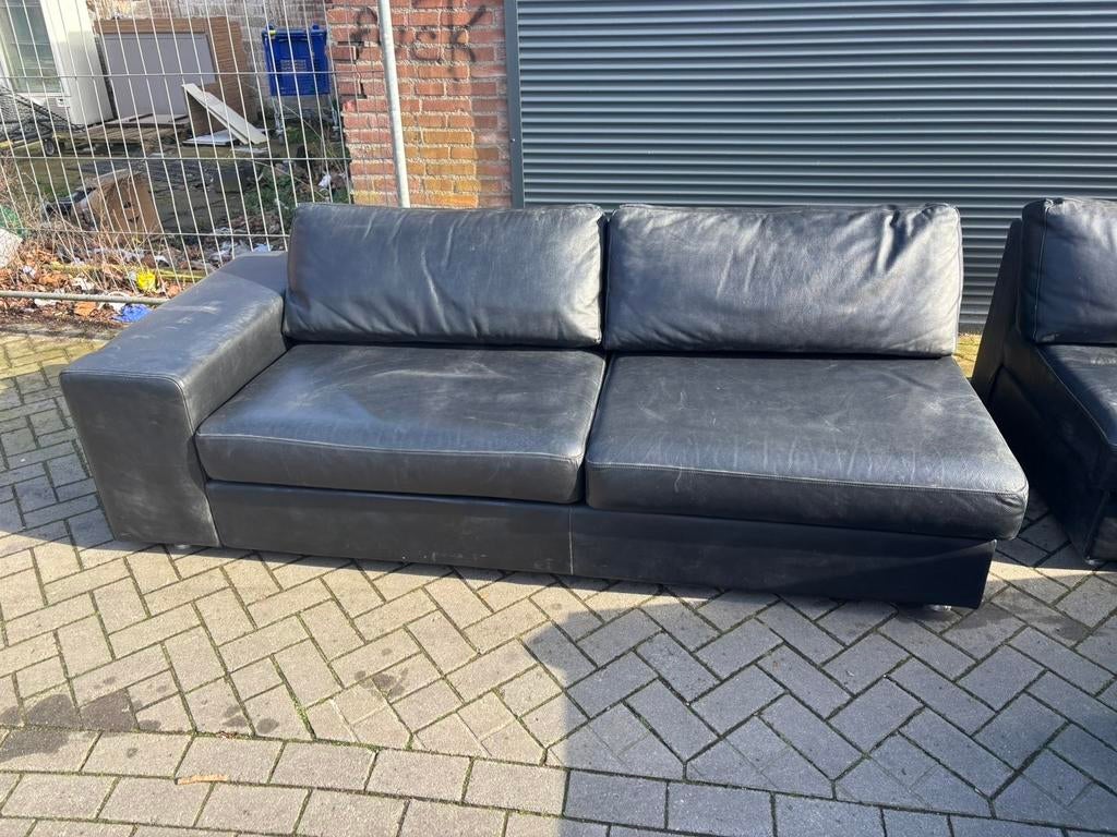 Zwarte leren hoekbank, Huis en Inrichting, Banken | Bankstellen, Ophalen, Gebruikt, 100 tot 125 cm, Hoekbank