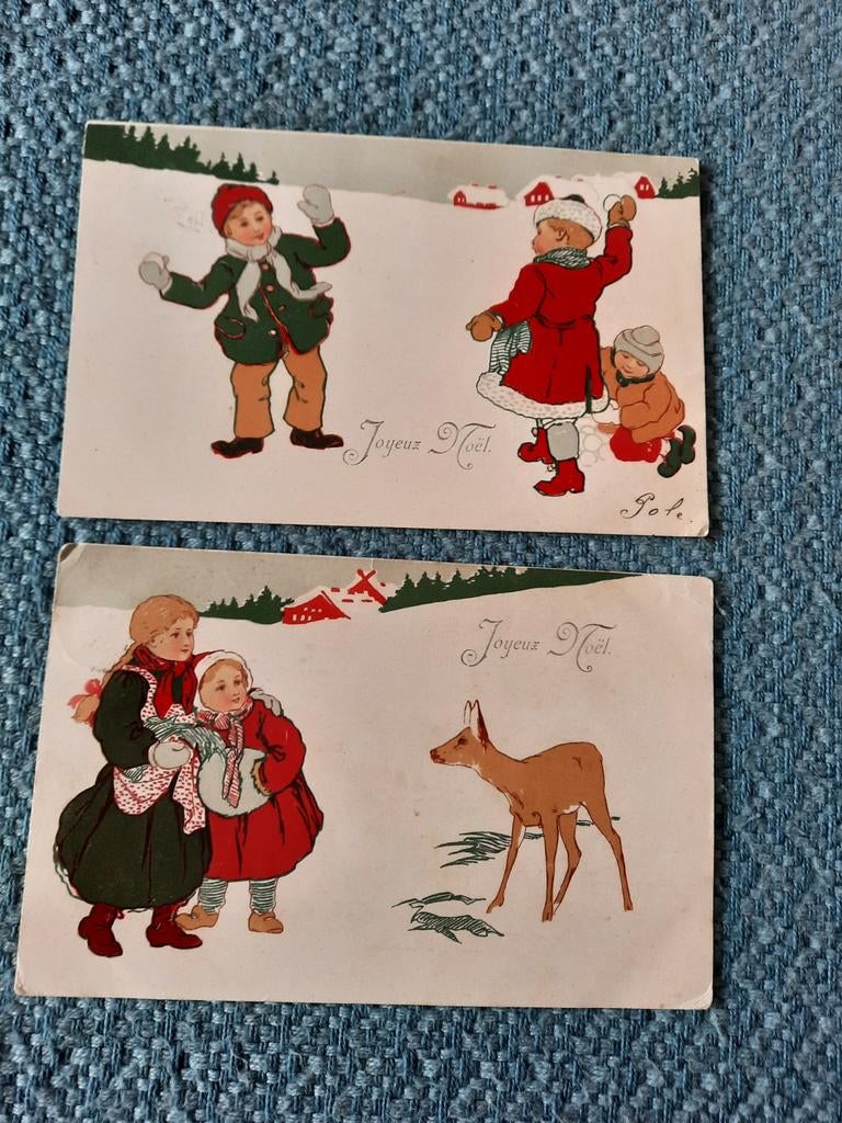 2 Antieke Kerstkaarten 'Joyeux Noël' - Prima Staat, Ophalen of Verzenden, Voor 1920, Gelopen, Feest(dag)
