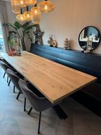 Houten eettafel met zwart metalen onderstel, Ophalen, Eikenhout, 200 cm of meer, 50 tot 100 cm