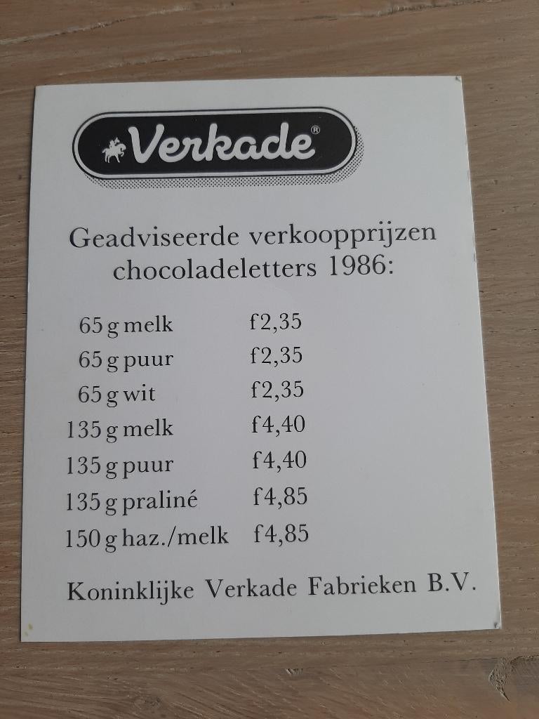 Advieskaart prijs Verkade chocoladeletters sinterklaas 1986, Overige typen, Ophalen of Verzenden, Zo goed als nieuw, Verkade