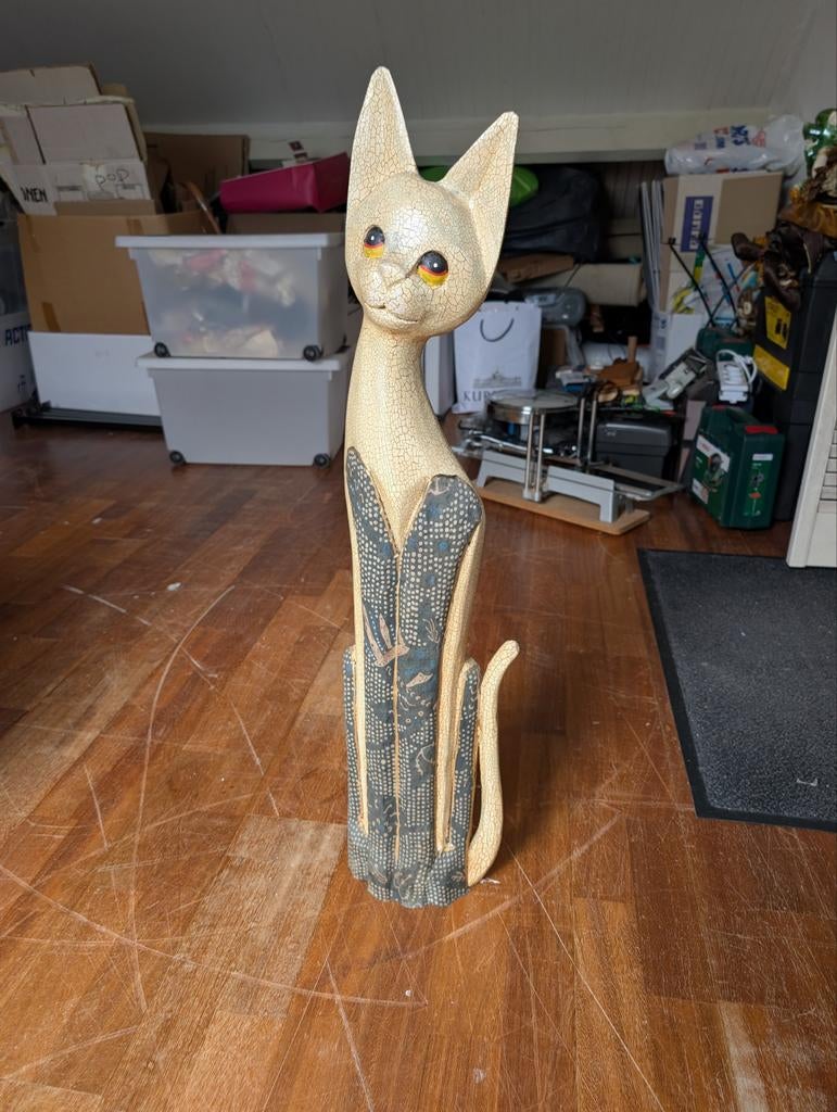 Decoratieve Houten Kat - Vintage Stijl, Huis en Inrichting, Woonaccessoires | Overige, Gebruikt, Beige, Ophalen of Verzenden, Vintage