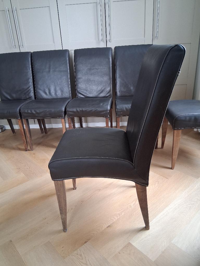 Te koop zes eetkamerstoelen, bruin leder, Huis en Inrichting, Stoelen, Ophalen, Gebruikt, Bruin, Leer