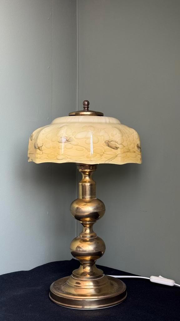Vintage art deco tafellamp schemerlamp gemarmerde kap, Huis en Inrichting, Lampen | Tafellampen, Gebruikt, Minder dan 50 cm, Glas