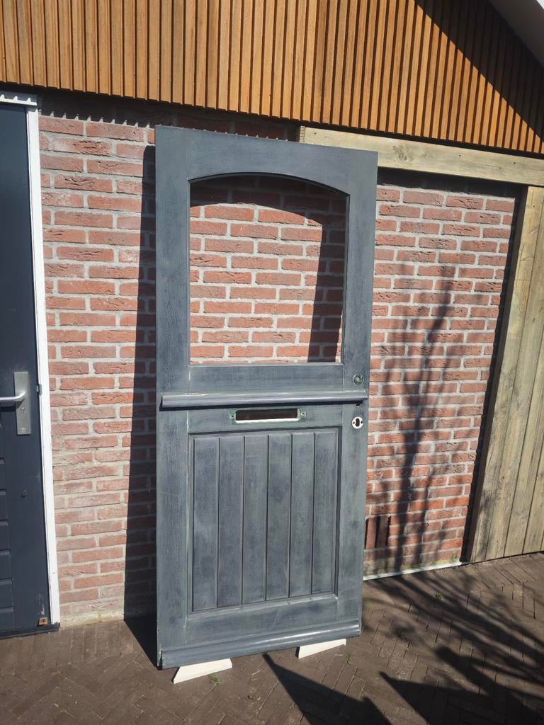 Hardhouten voordeur met glas en brievenbusopening, Ophalen, Gebruikt, 80 tot 100 cm, Buitendeur