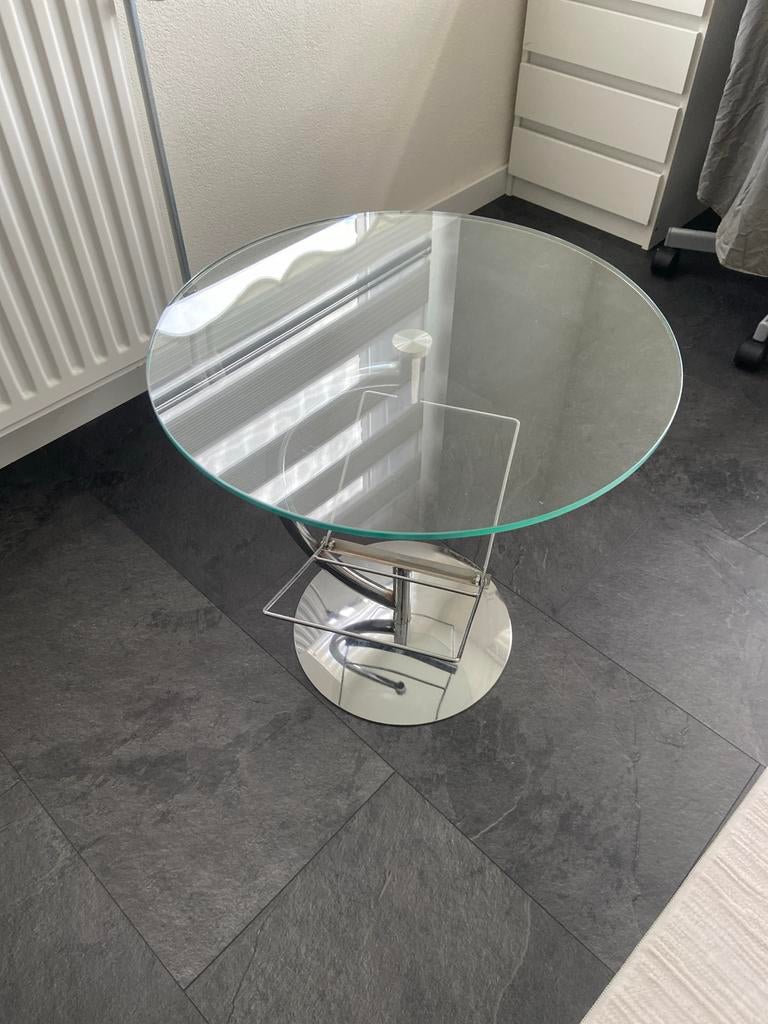 Glazen salontafel met boekhouder, Gebruikt, 50 tot 75 cm, Rond, Glas