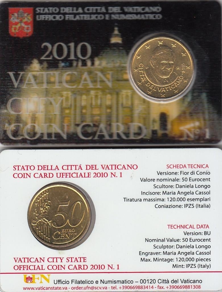 Vaticaan 50 eurocent 2010 BU in coincard no. 1, Ophalen of Verzenden, Vaticaanstad, 50 cent, Setje