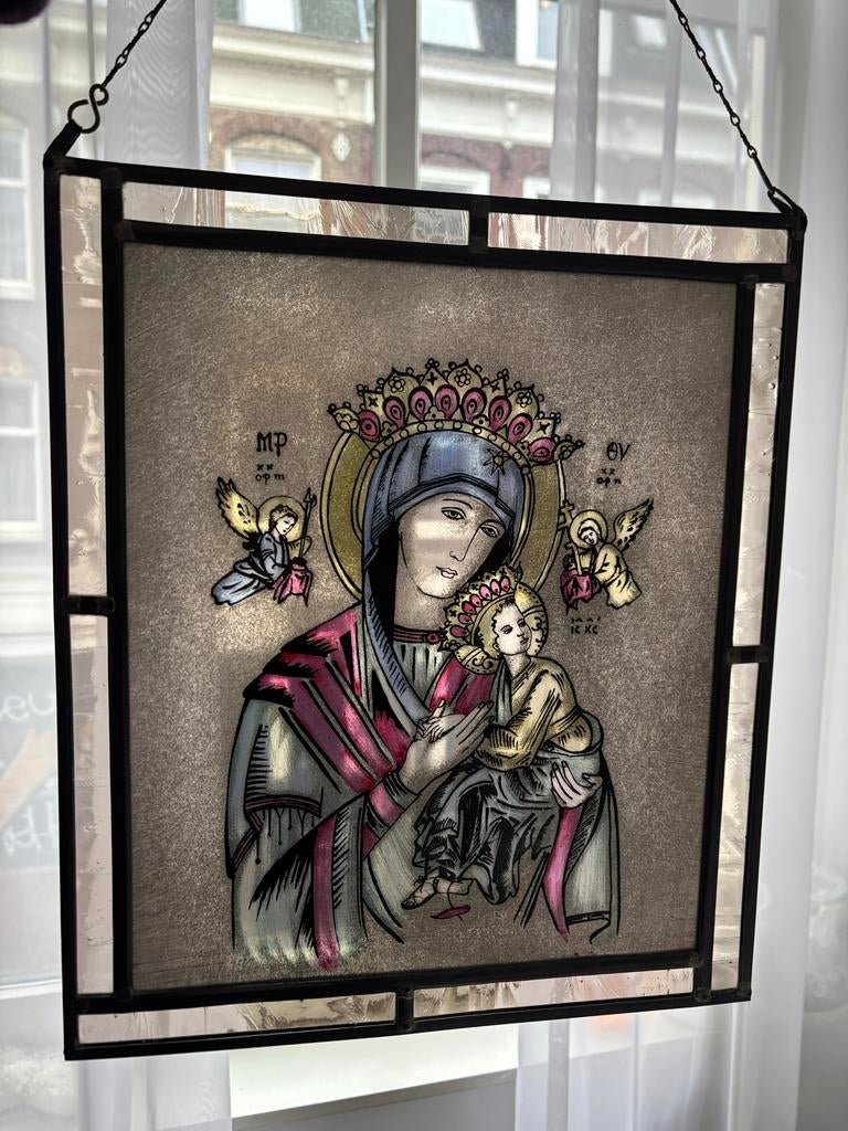 Vintage Glas-in-lood Maria met Kind, Antiek en Kunst, Ophalen of Verzenden
