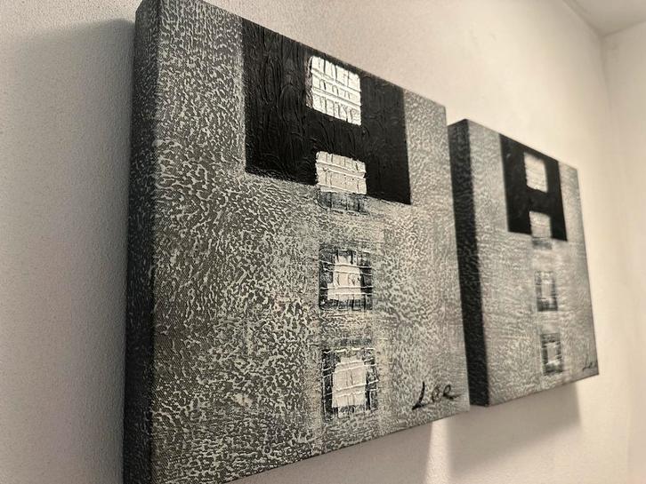 Abstracte kunst: Zwart-wit structuur schilderijen (set van 2, Antiek en Kunst, Kunst | Schilderijen | Modern, Ophalen of Verzenden