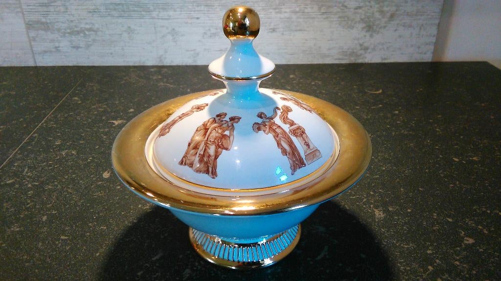 Bonbonnière Florentine porselein verguld met Romeinse scènes, Ophalen of Verzenden
