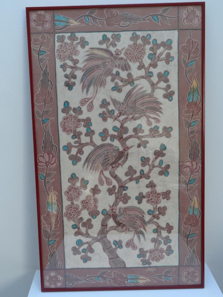 Batik doek vogels in boom, sign. Sedgo, in lijst, Indonesie, Verzenden