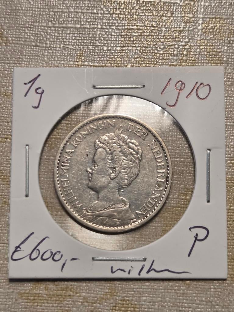 Zeldzame 1 Gulden 1910 Koningin Wilhelmina - Matige Staat, Postzegels en Munten, Munten | Nederland, 1 gulden, Zilver, Ophalen of Verzenden