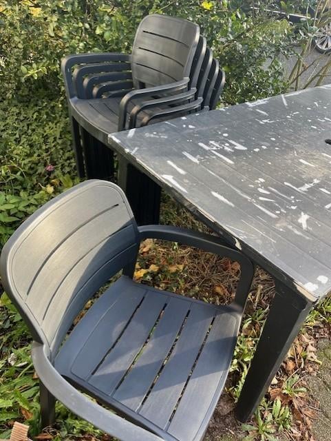 6 blauwe plastic tuinstoelen, Ophalen, Gebruikt, Plastic