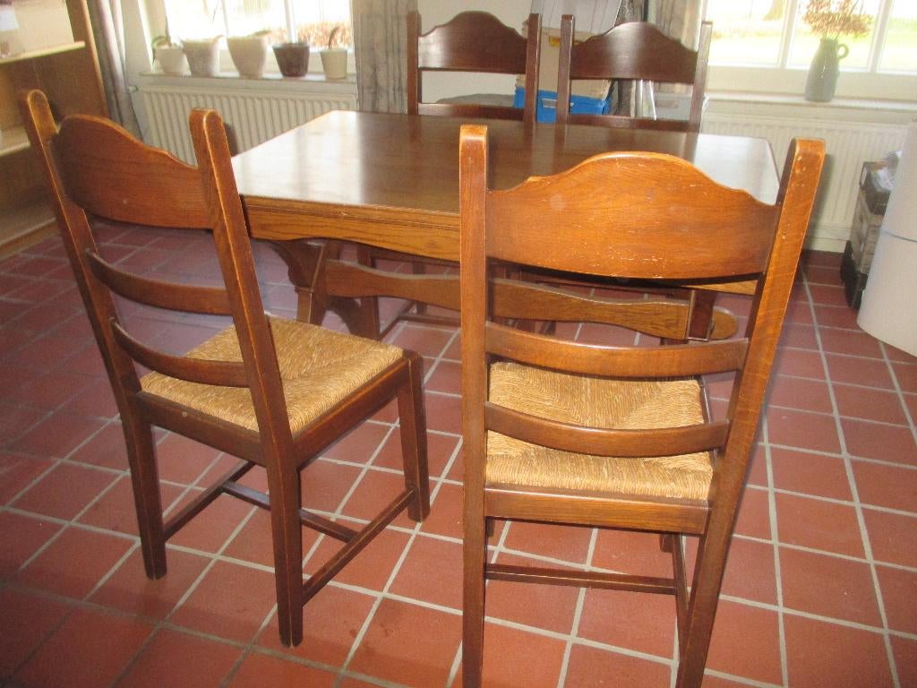 Massief eiken tafel met 4 eiken stoelen, Huis en Inrichting, Tafels | Eettafels, Ophalen, Klassiek, Eikenhout, 200 cm of meer