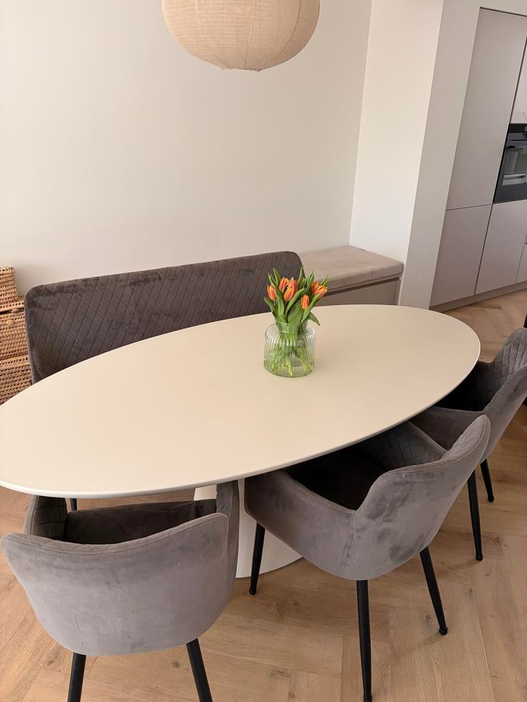 Eetkamerbank met 3 stoelen en een krukje, Huis en Inrichting, Stoelen, Ophalen, Zo goed als nieuw, Grijs, Overige materialen