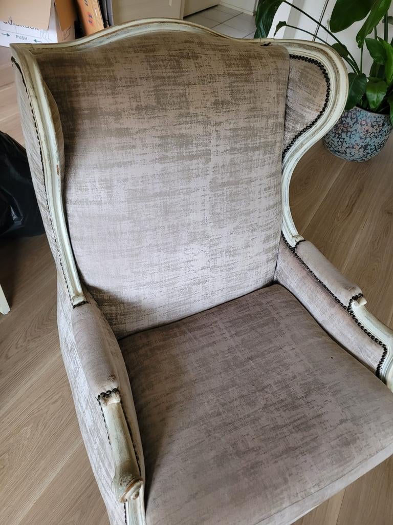 Antieke franse fauteuil met grijs/ beige /taupe bekleding, Ophalen