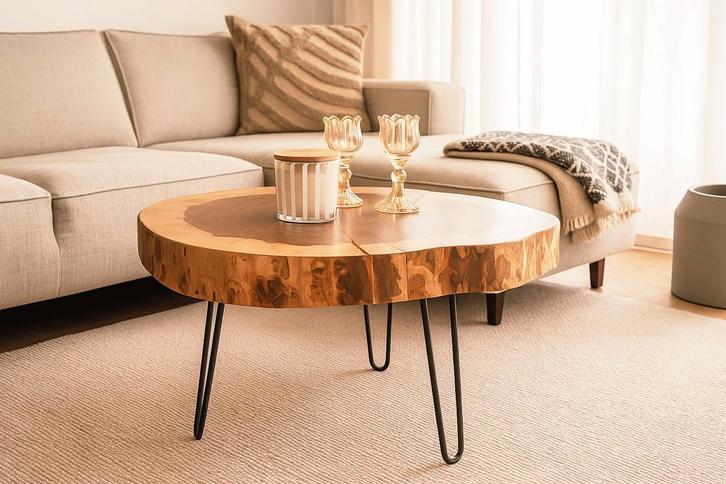 Nieuw, Boomstamsalontafel van iepenhout, robuust en stijlvol, Huis en Inrichting, Tafels | Salontafels, Nieuw, Minder dan 50 cm