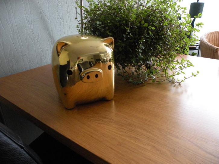 Groot goudkleurig spaarvarken, 20.5 cm. hoog, Verzamelen, Spaarpotten, Zo goed als nieuw, Dier, Steen, Aardewerk of Keramiek, Ophalen