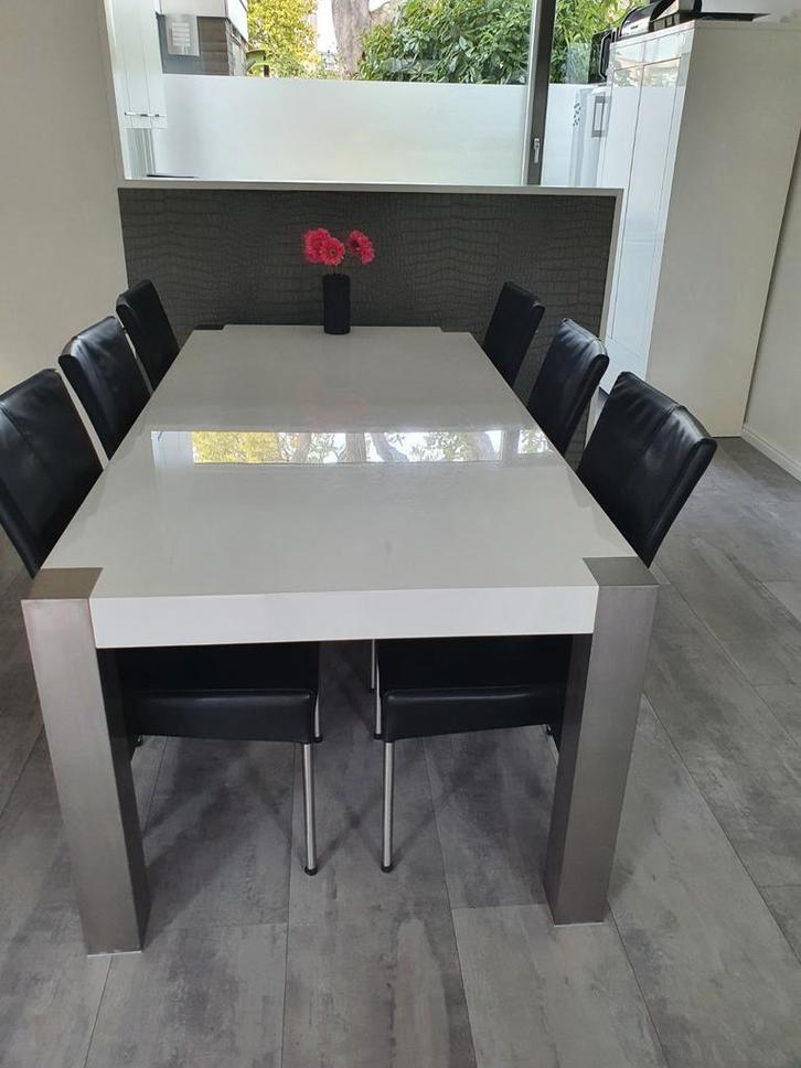 Hoogglans witte eettafel en salontafel, Huis en Inrichting, Tafels | Eettafels, Gebruikt, 50 tot 100 cm, 200 cm of meer, Vijf personen of meer